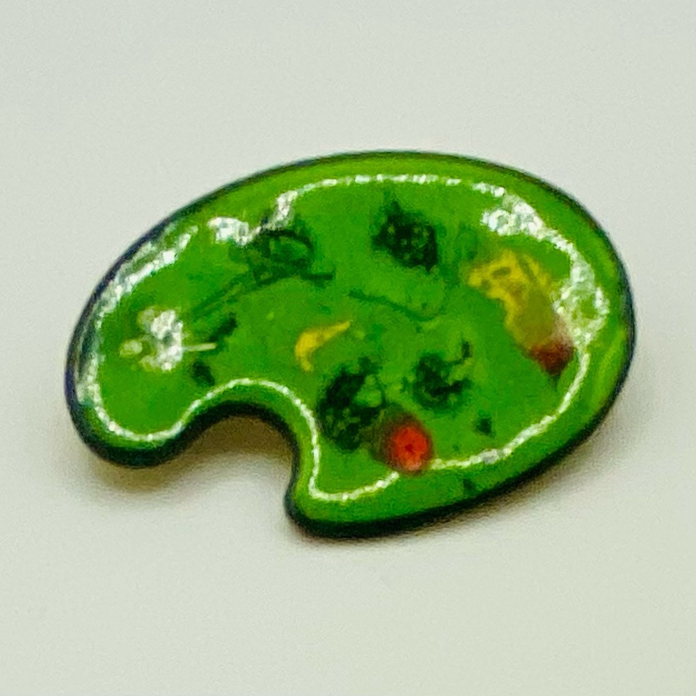 Vintage 1970s Enamel Over Copper Artist’s Palette Brooch – Green, 1”